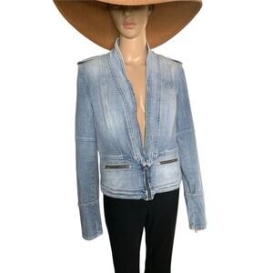 Guess Vintage Denim Jacket Blue Moto Blazer Women's Large Zip Pockets & Cuffs